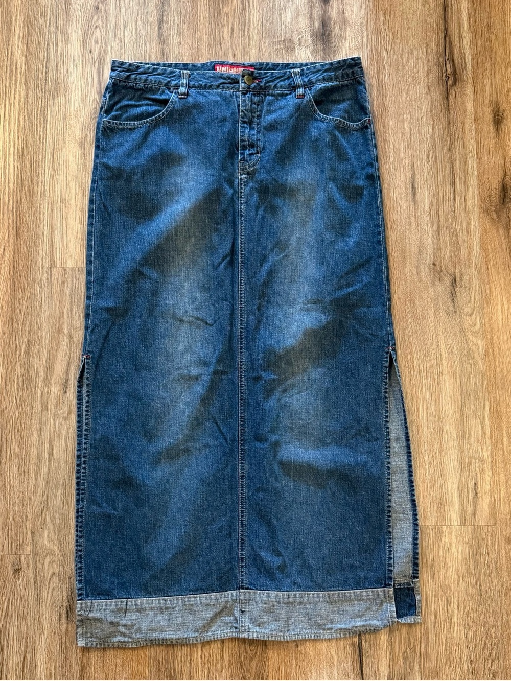 VTG Y2K Union Bay Denim Maxi Skirt Side Slits Sz 11/S Wash Hipster Jean Skirt